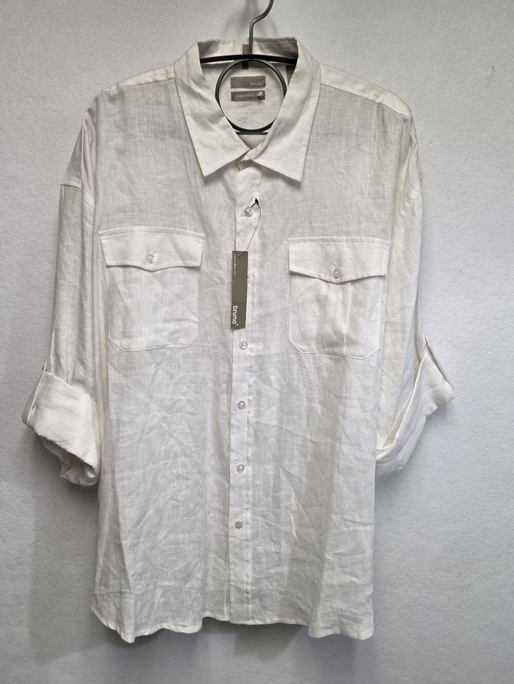 Bruno Mens 3XLB 100% White Linen Button-Down Tab Sleeve Shirt - Picture 2 of 8